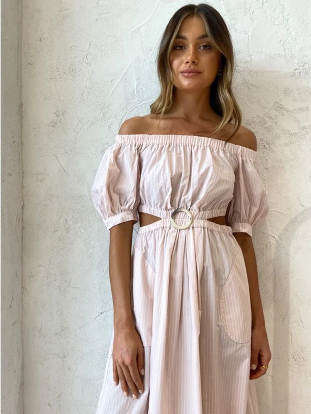 Viktoria & Woods Blush Pink One-Shoulder Ring Cutout Midi Dress